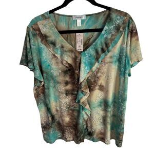 Dressbarn Women's Top Blouse Size 3X Green/Brown Print V-Neck Short Sleeves NEW